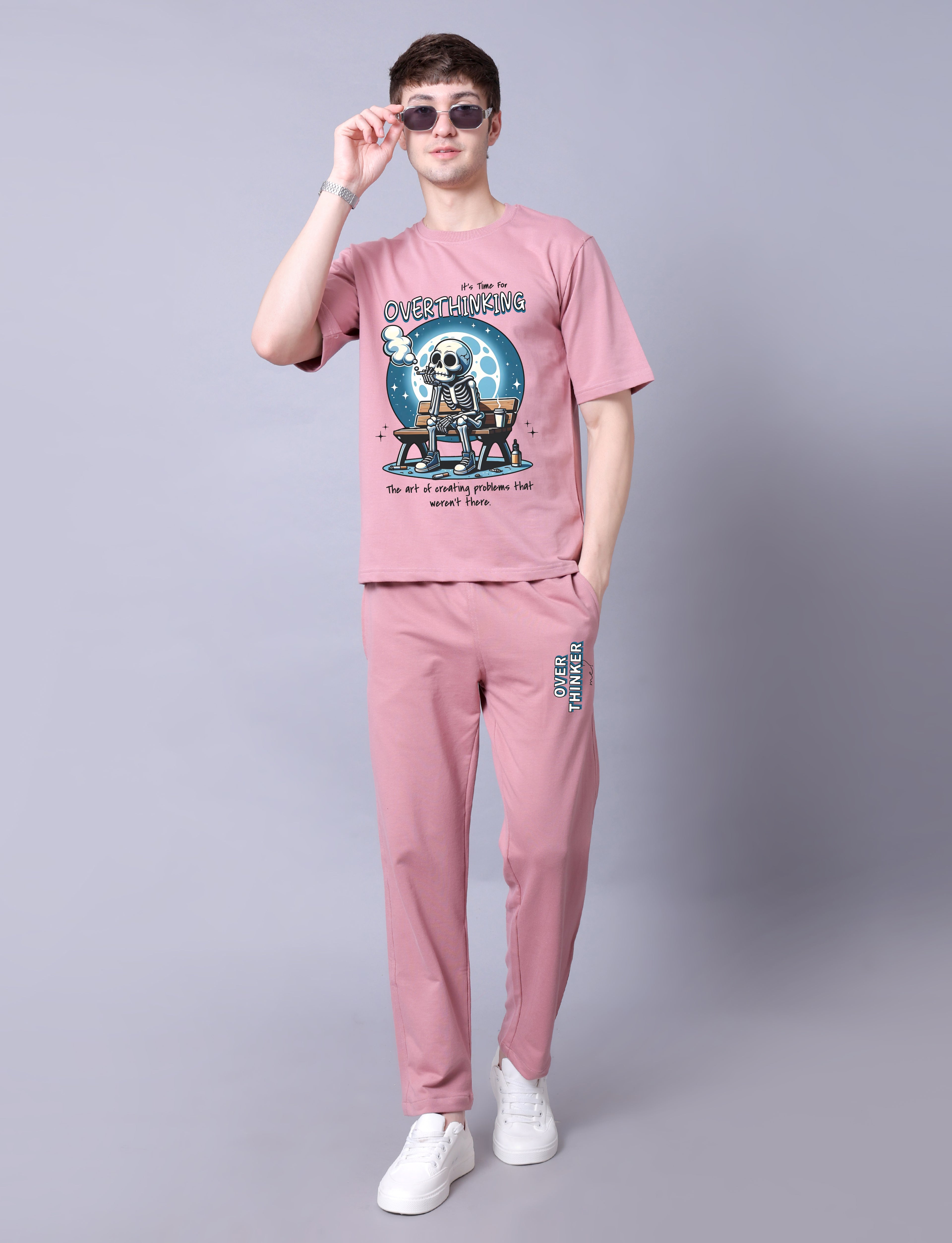 Overthinker Men Co-Ord Set - Pink Oversized Tee With Jogger