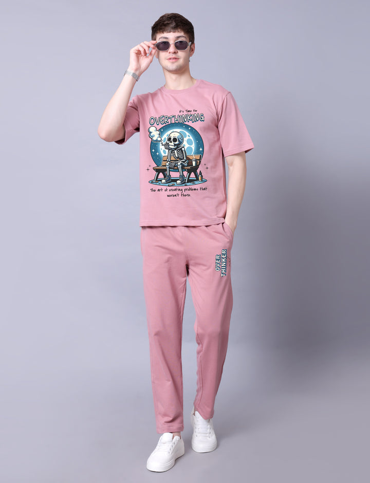 Overthinker Men Co-Ord Set - Pink Oversized Tee With Jogger