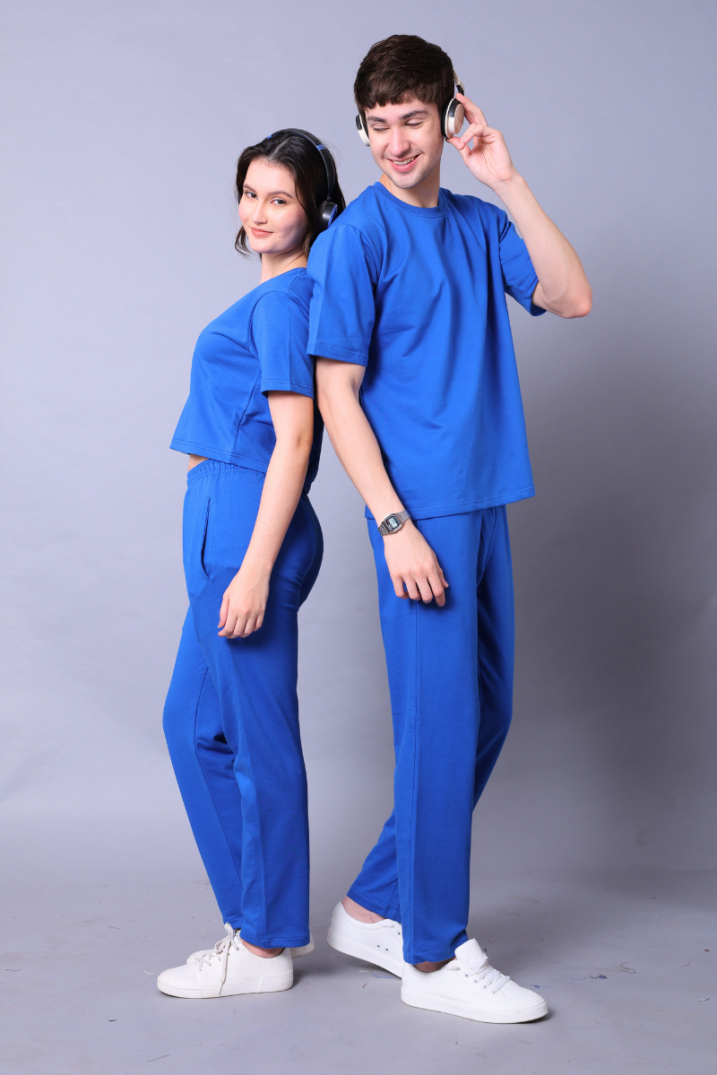 Royal Blue Couple Co-Ord Set – Crop Top & Oversized Tee with Joggers (Pack of 2)