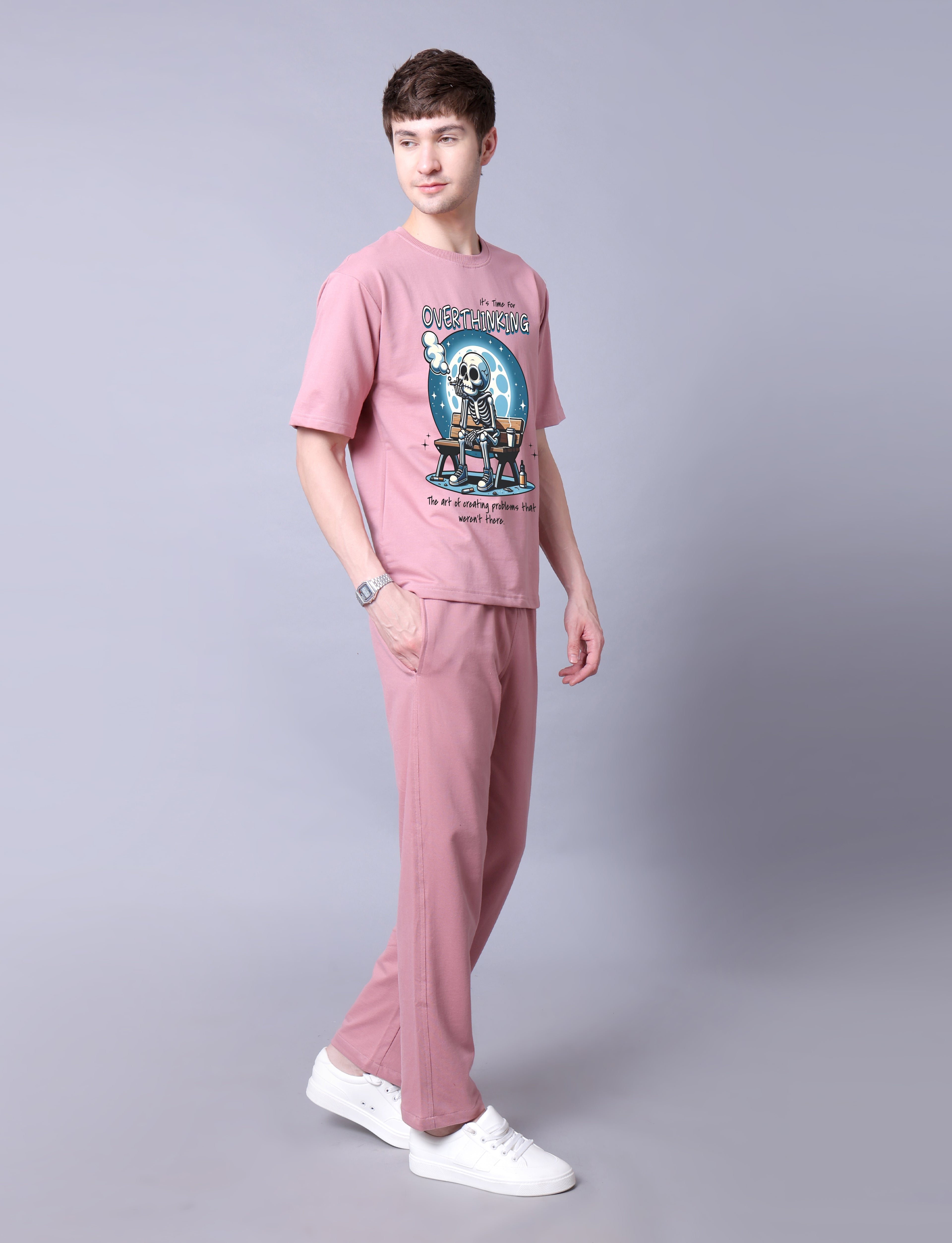 Overthinker Men Co-Ord Set - Pink Oversized Tee With Jogger