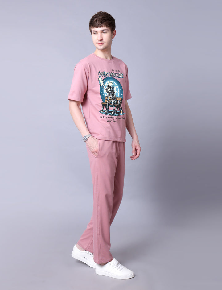 Overthinker Men Co-Ord Set - Pink Oversized Tee With Jogger