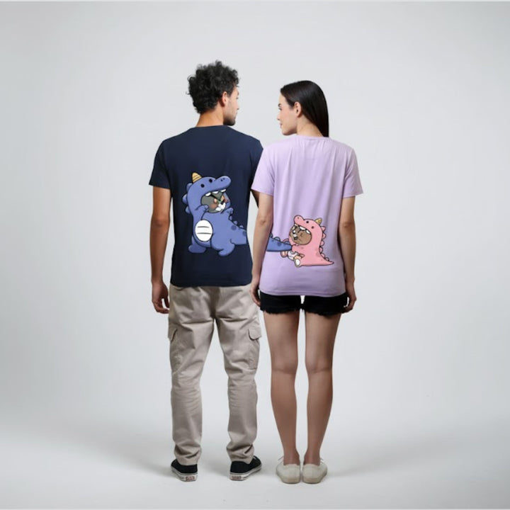 Dino Tom Navy Blue & Lavender Couple Unisex Tees - Pack of 2