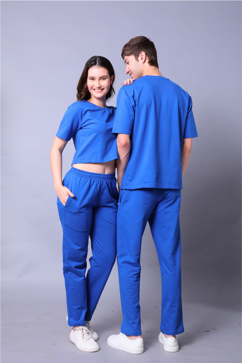 Royal Blue Couple Co-Ord Set – Crop Top & Oversized Tee with Joggers (Pack of 2)