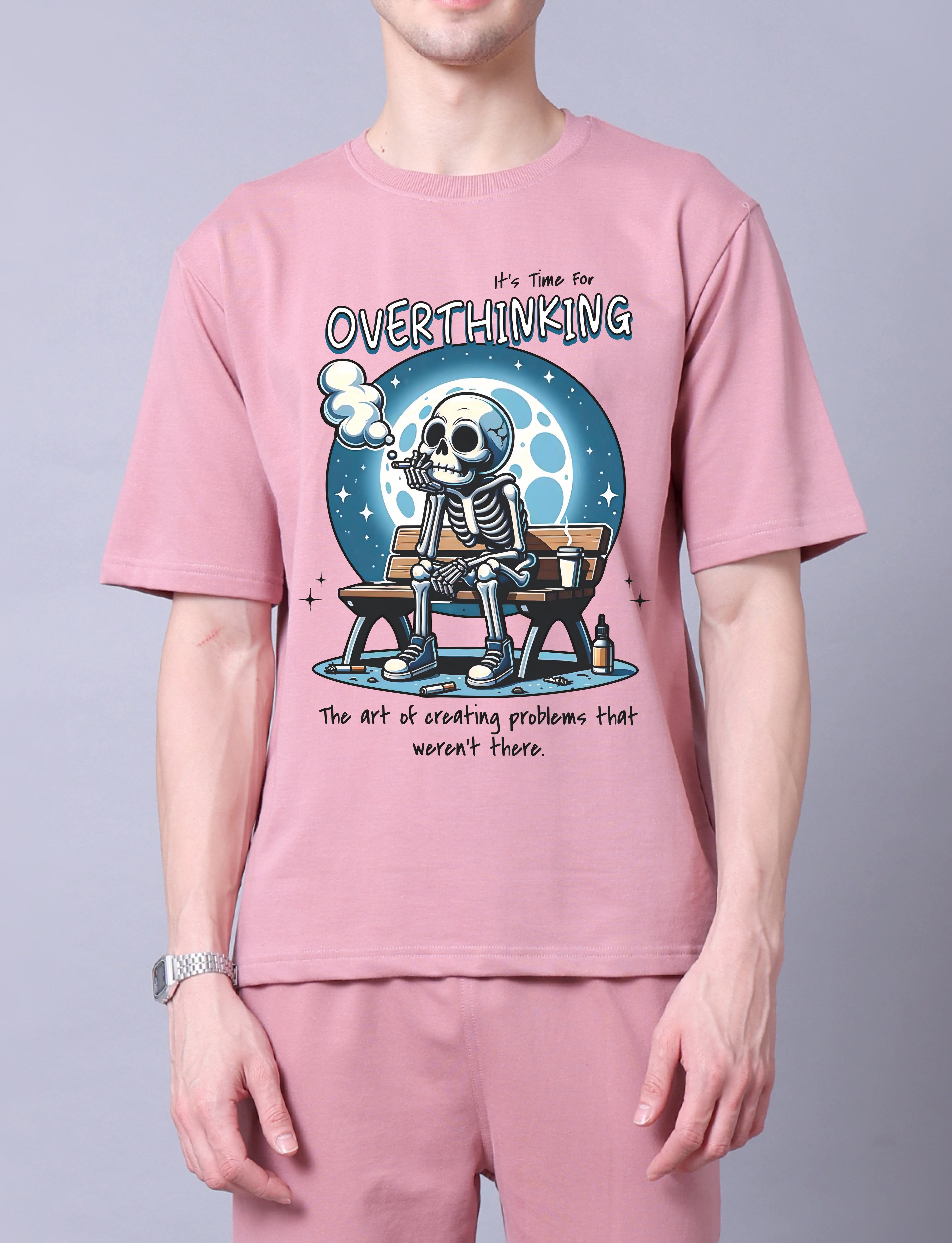 Overthinker Men Co-Ord Set - Pink Oversized Tee With Jogger