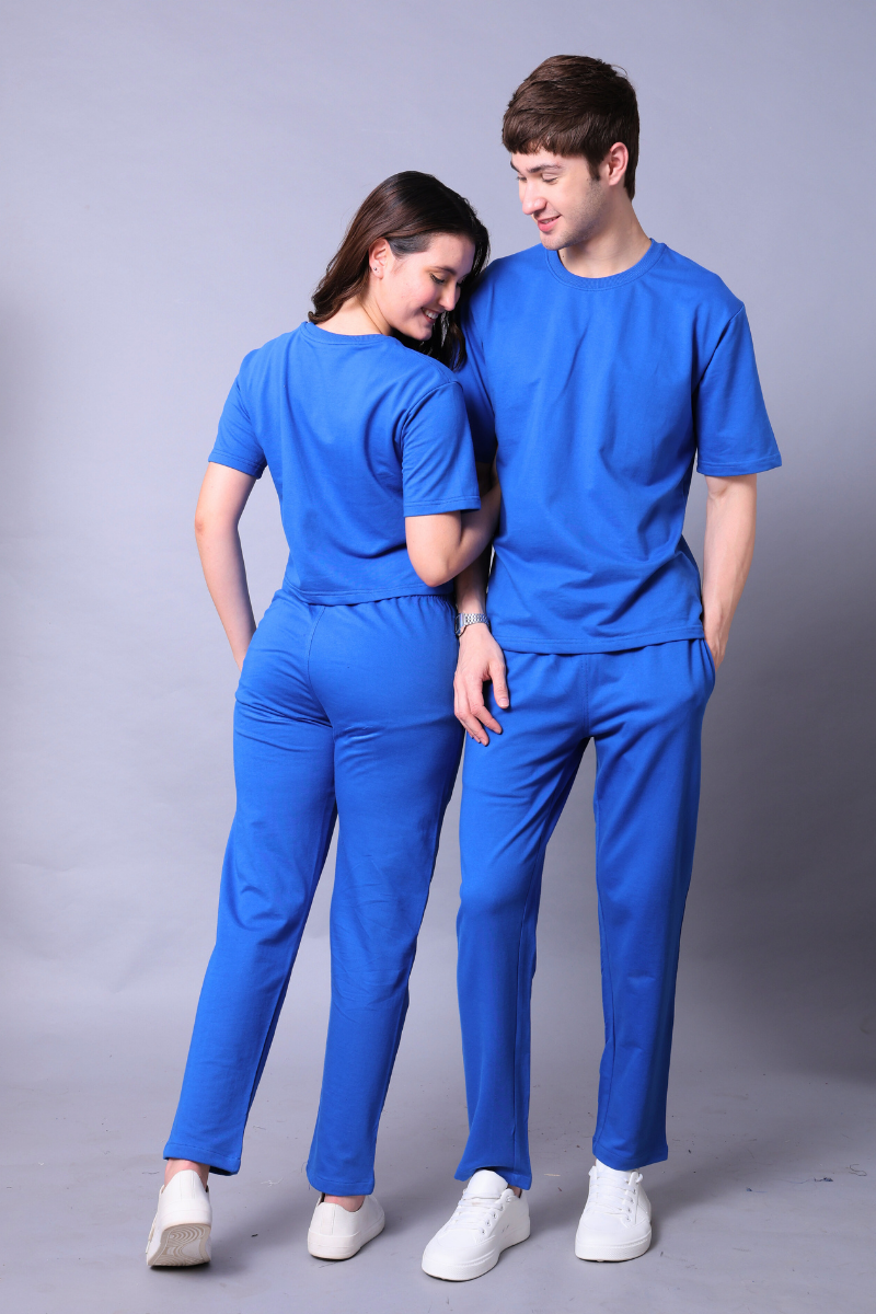 Royal Blue Couple Co-Ord Set – Crop Top & Oversized Tee with Joggers (Pack of 2)