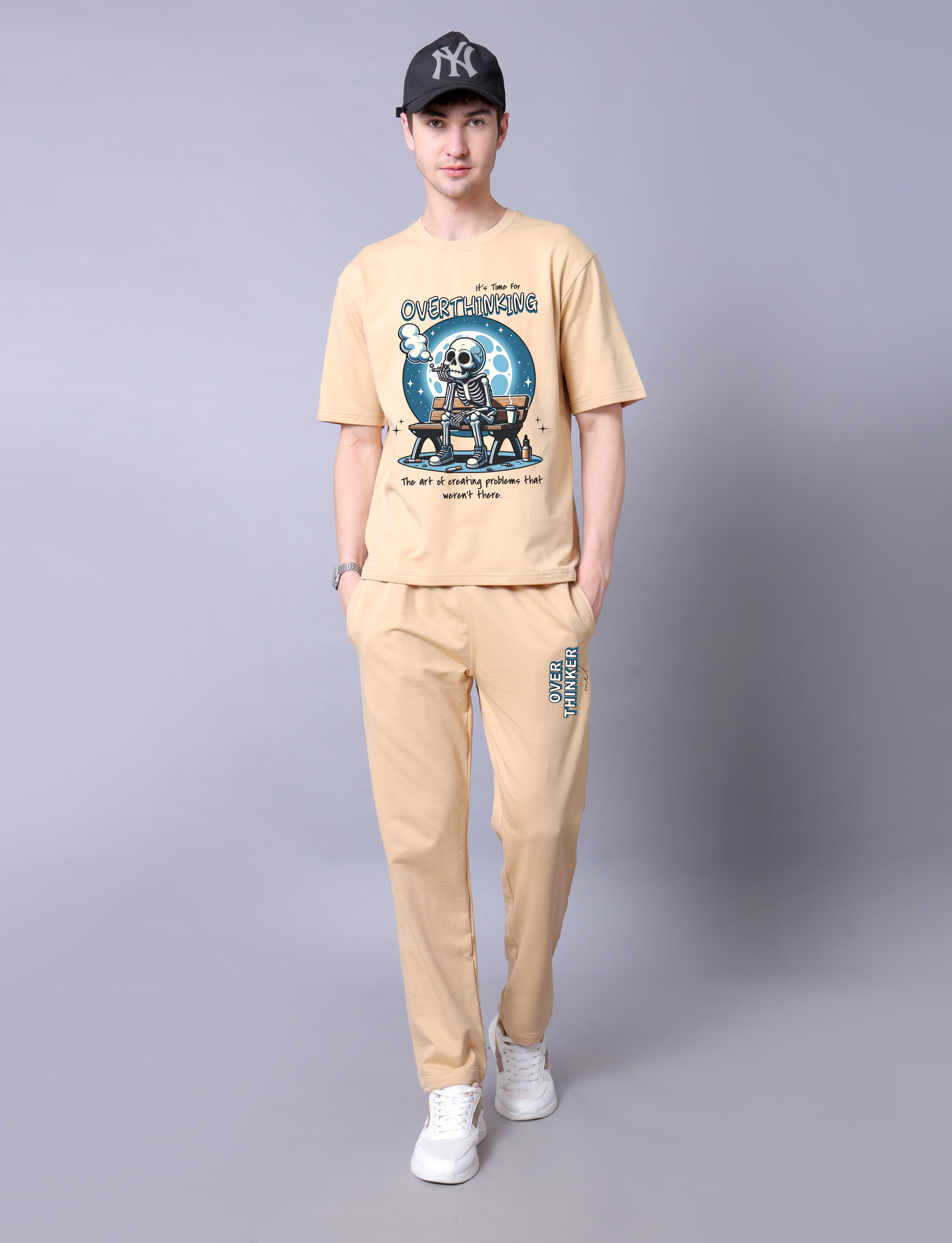 Overthinker Men Co-Ord Set - Beige Oversized Tee With Jogger