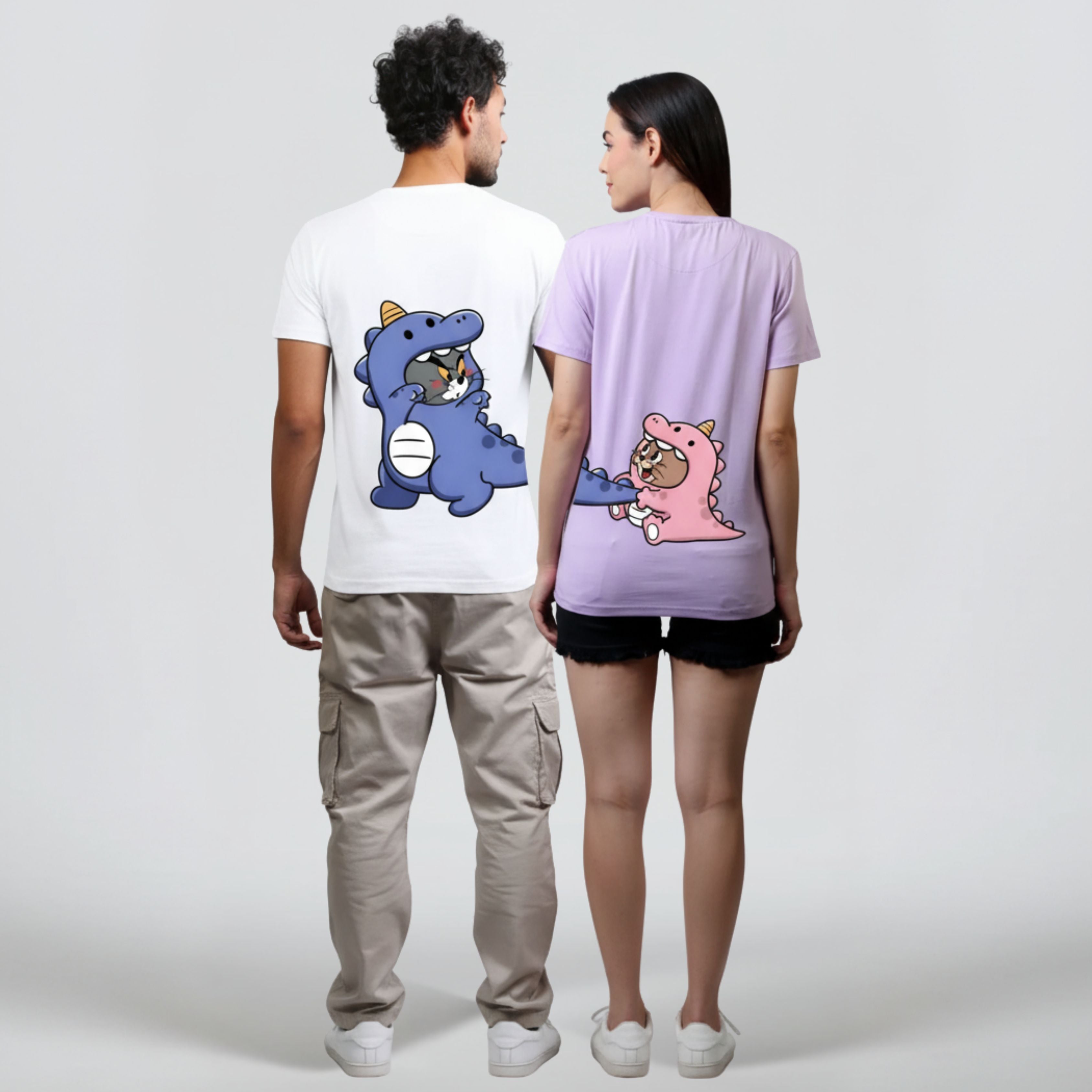Dino Tom White & Lavender Couple Unisex Tees - Pack of 2