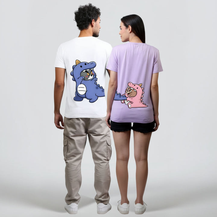 Dino Tom White & Lavender Couple Unisex Tees - Pack of 2