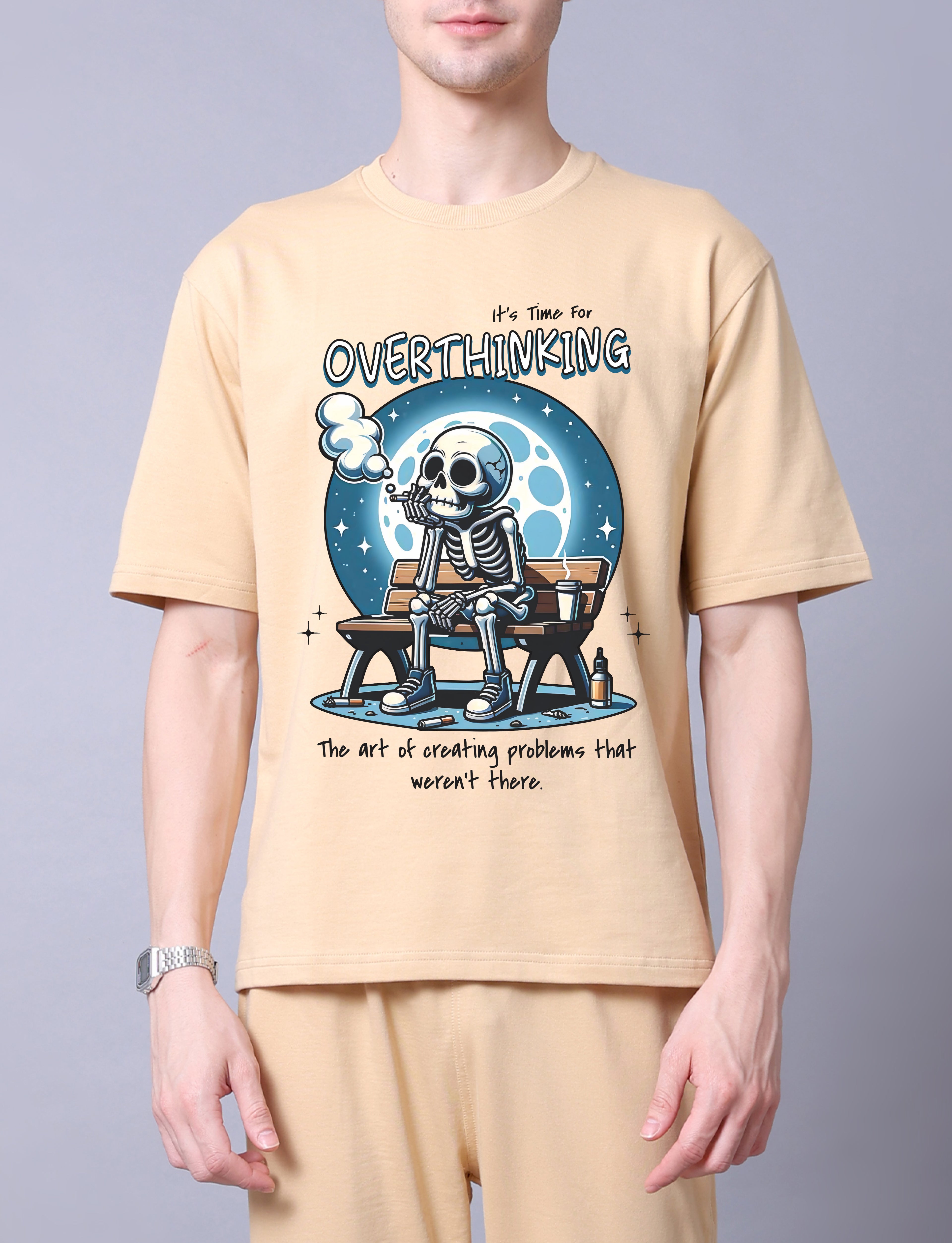 Overthinker Men Co-Ord Set - Beige Oversized Tee With Jogger