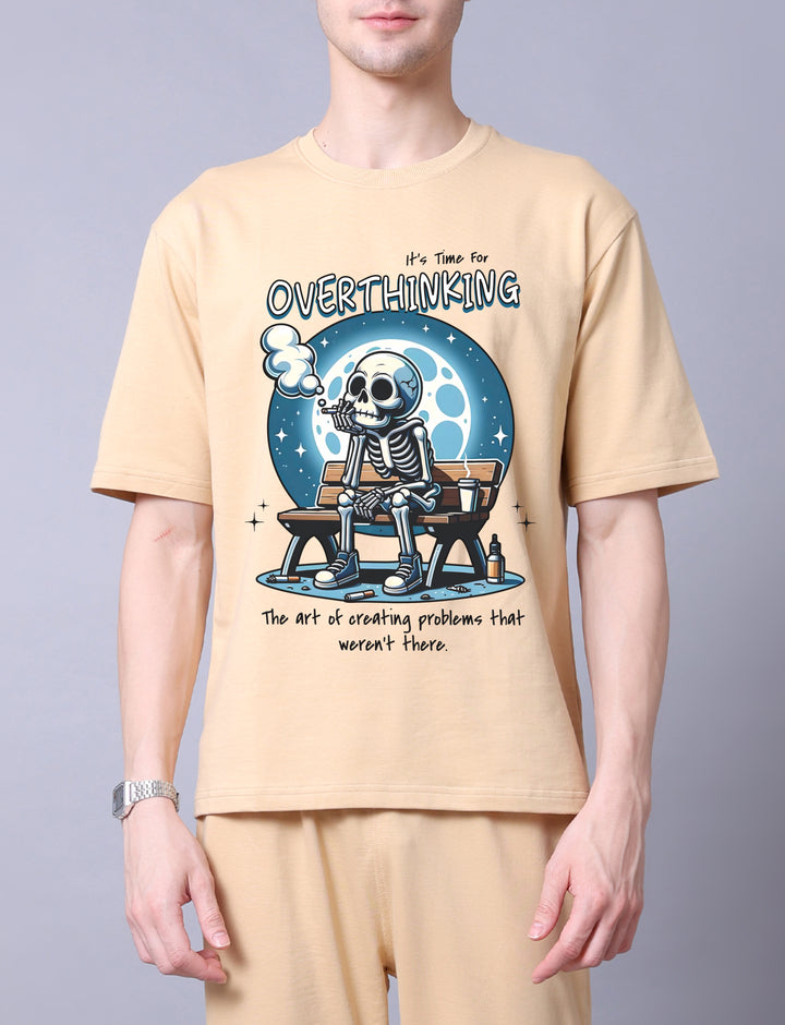 Overthinker Men Co-Ord Set - Beige Oversized Tee With Jogger