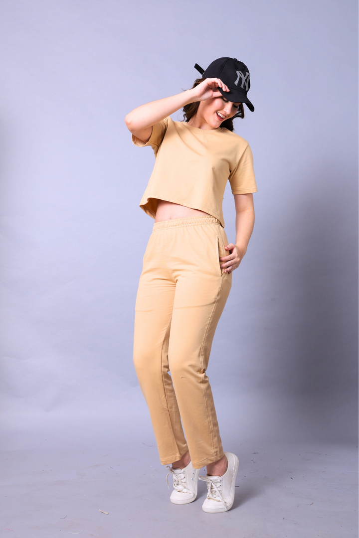 Beige Women Co-Ord Set - Crop Top with Joggers