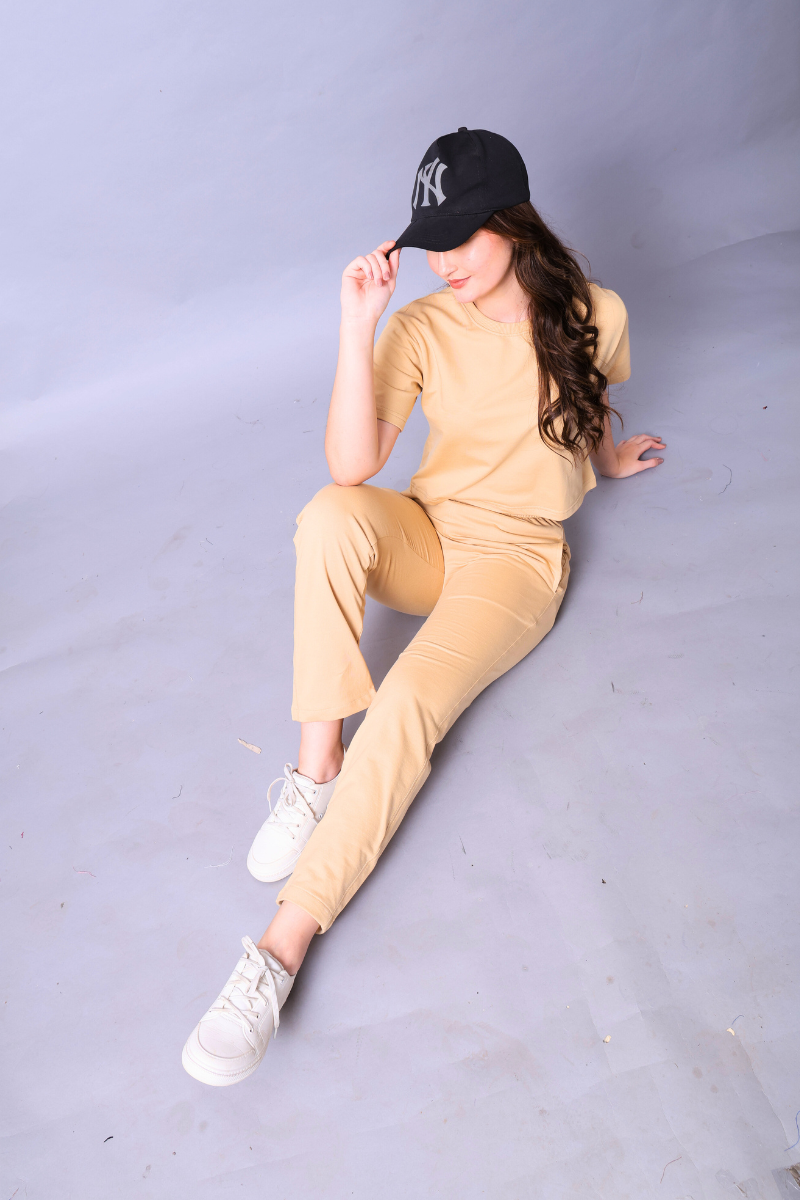 Beige Women Co-Ord Set - Crop Top with Joggers