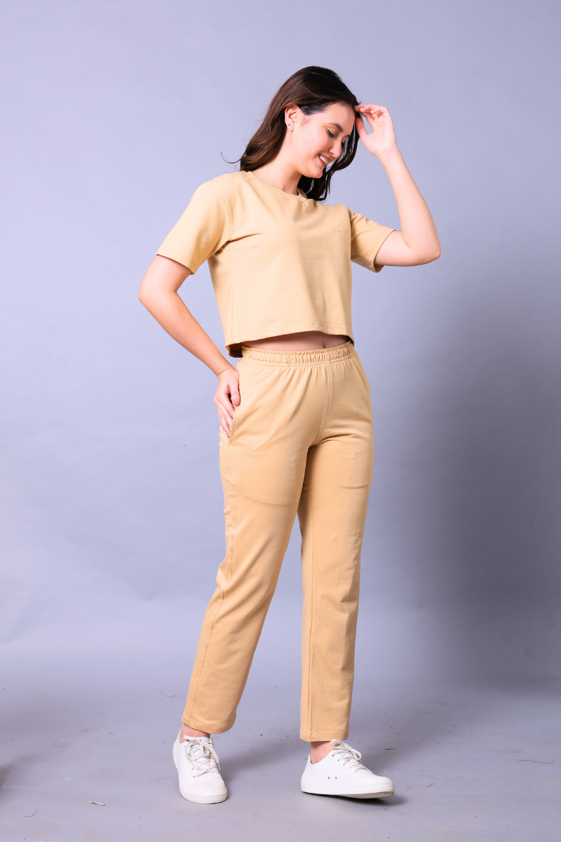 Beige Women Co-Ord Set - Crop Top with Joggers