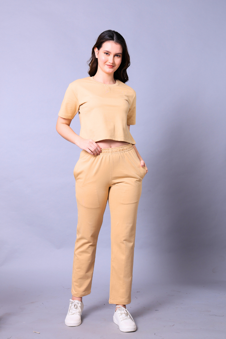 Beige Women Co-Ord Set - Crop Top with Joggers
