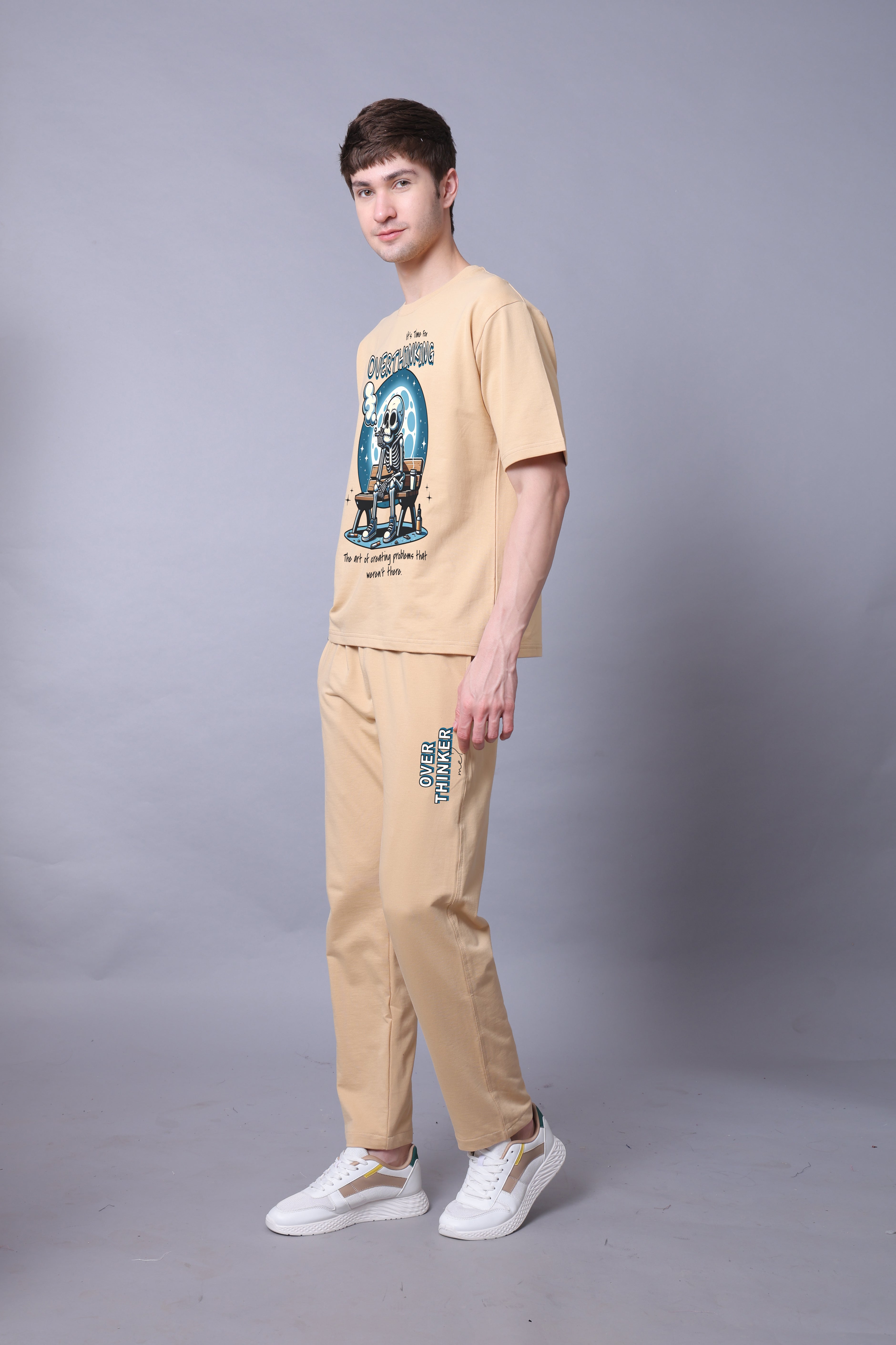 Overthinker Men Co-Ord Set - Beige Oversized Tee With Jogger