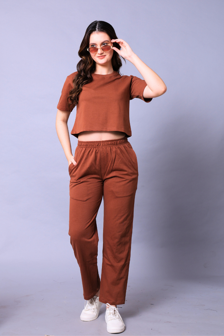 Mocha Mousse Women Co-Ord Set - Crop Top with Joggers