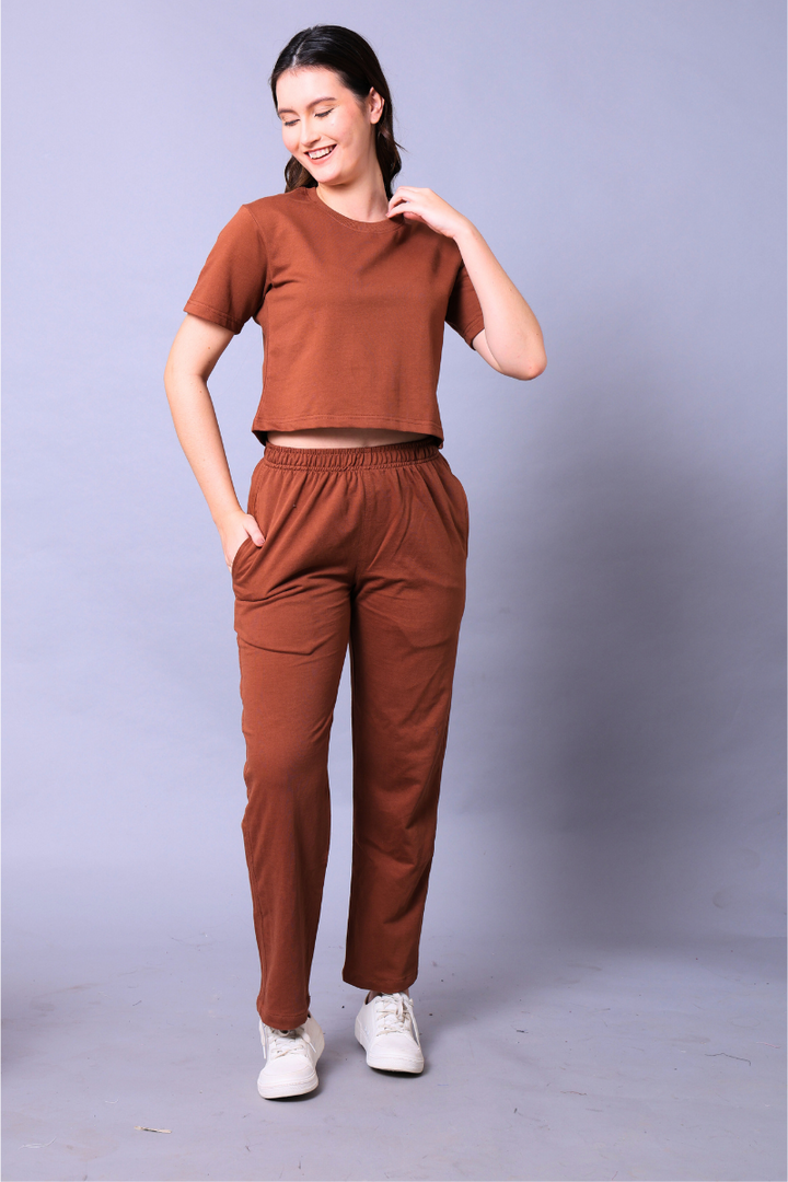 Mocha Mousse Women Co-Ord Set - Crop Top with Joggers