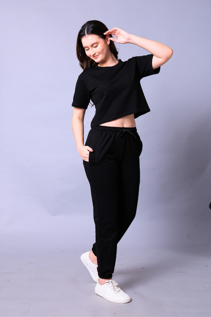 Black Women Co-Ord Set - Crop Top with Joggers