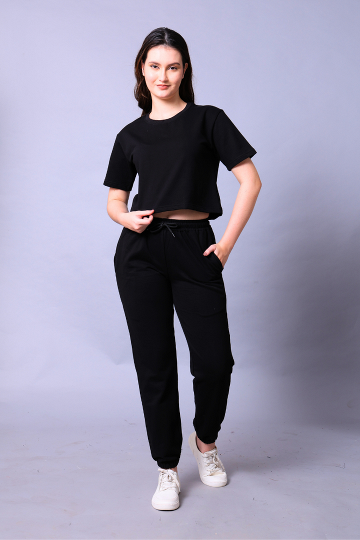 Black Women Co-Ord Set - Crop Top with Joggers