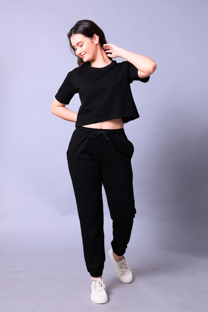 Black Women Co-Ord Set - Crop Top with Joggers
