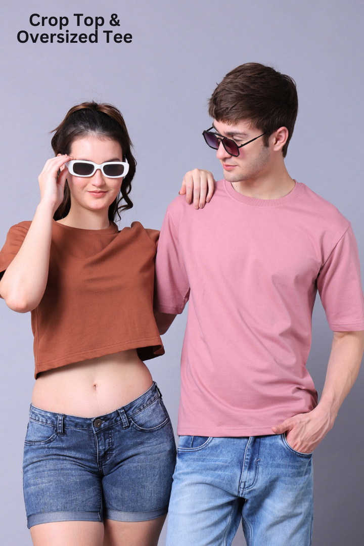 Mocha Mousse Crop Top & Fuchsia Pink Drop Shoulder Tee - Pack of 2
