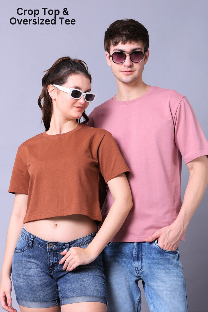 Mocha Mousse Crop Top & Fuchsia Pink Drop Shoulder Tee - Pack of 2