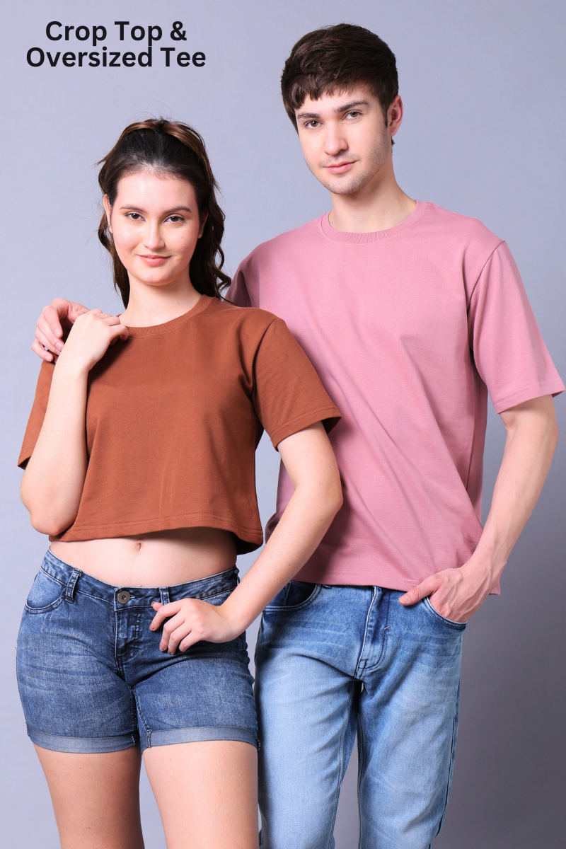 Mocha Mousse Crop Top & Fuchsia Pink Drop Shoulder Tee - Pack of 2