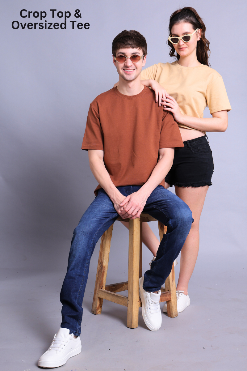Beige Crop Top & Mocha Mousse Drop Shoulder Tee - Pack of 2