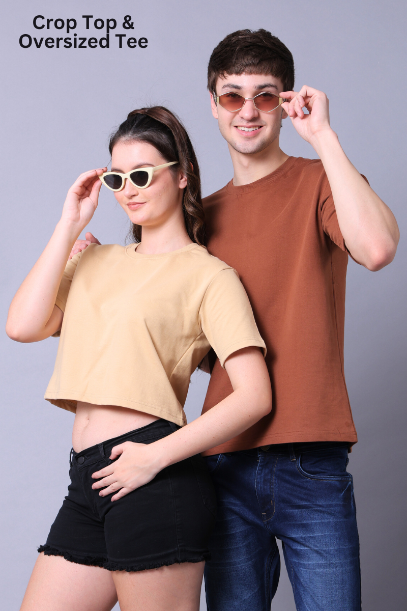 Beige Crop Top & Mocha Mousse Drop Shoulder Tee - Pack of 2