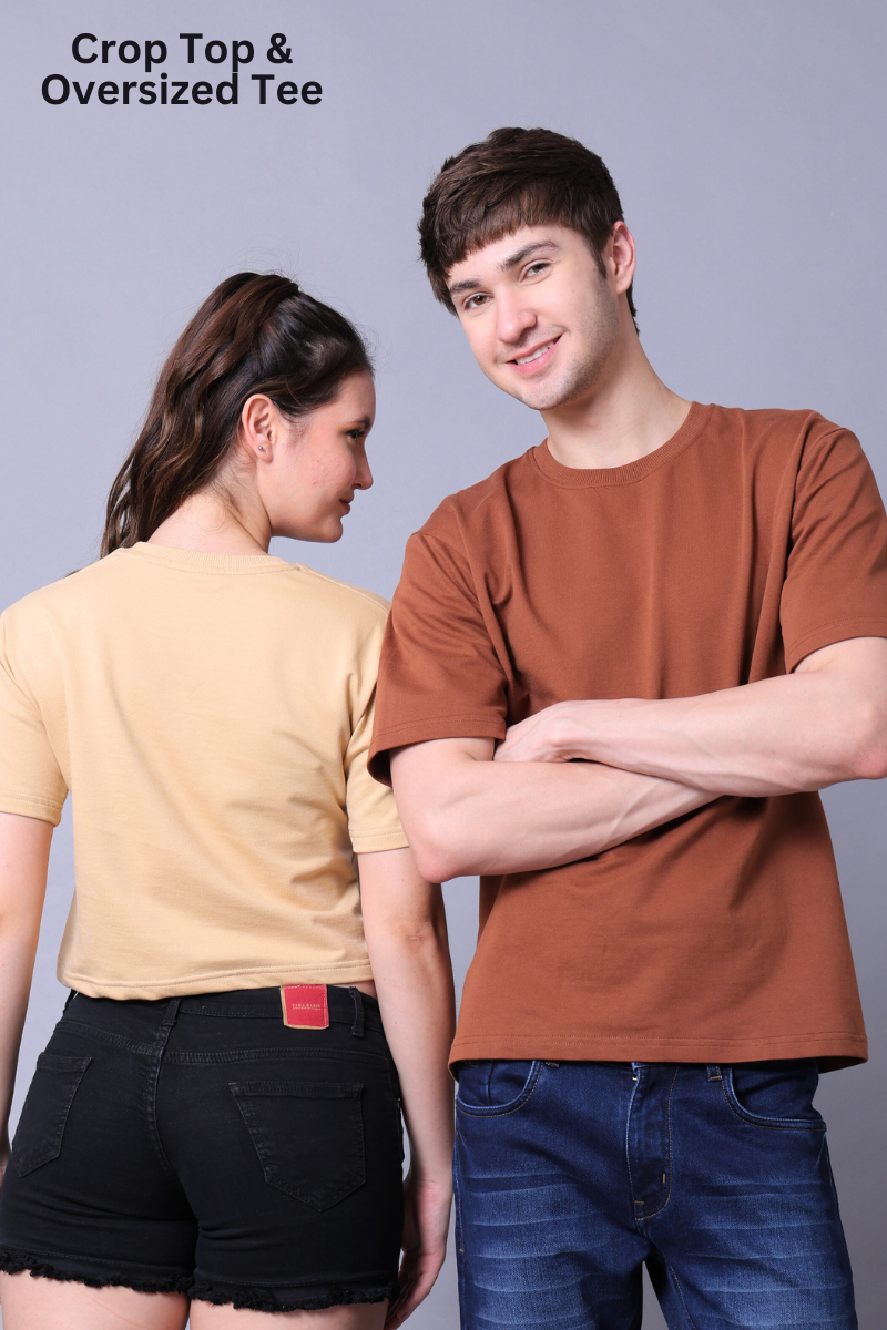 Beige Crop Top & Mocha Mousse Drop Shoulder Tee - Pack of 2
