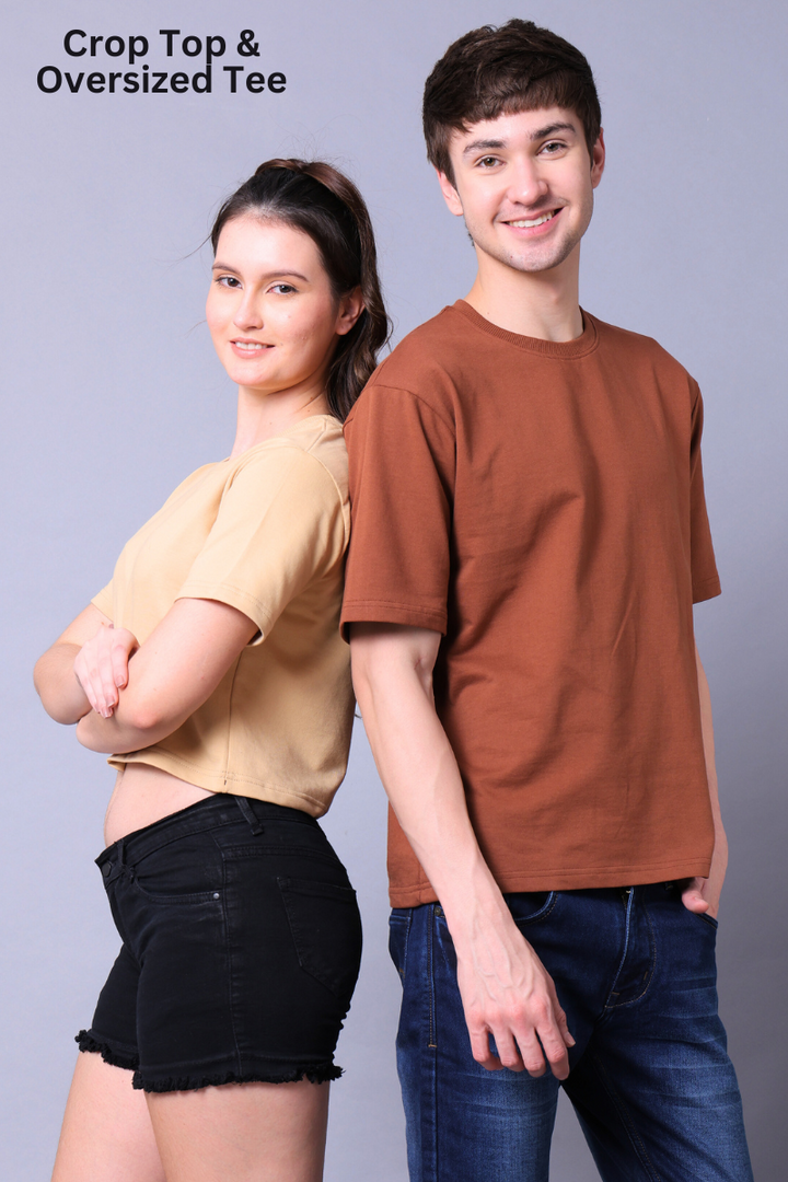 Beige Crop Top & Mocha Mousse Drop Shoulder Tee - Pack of 2