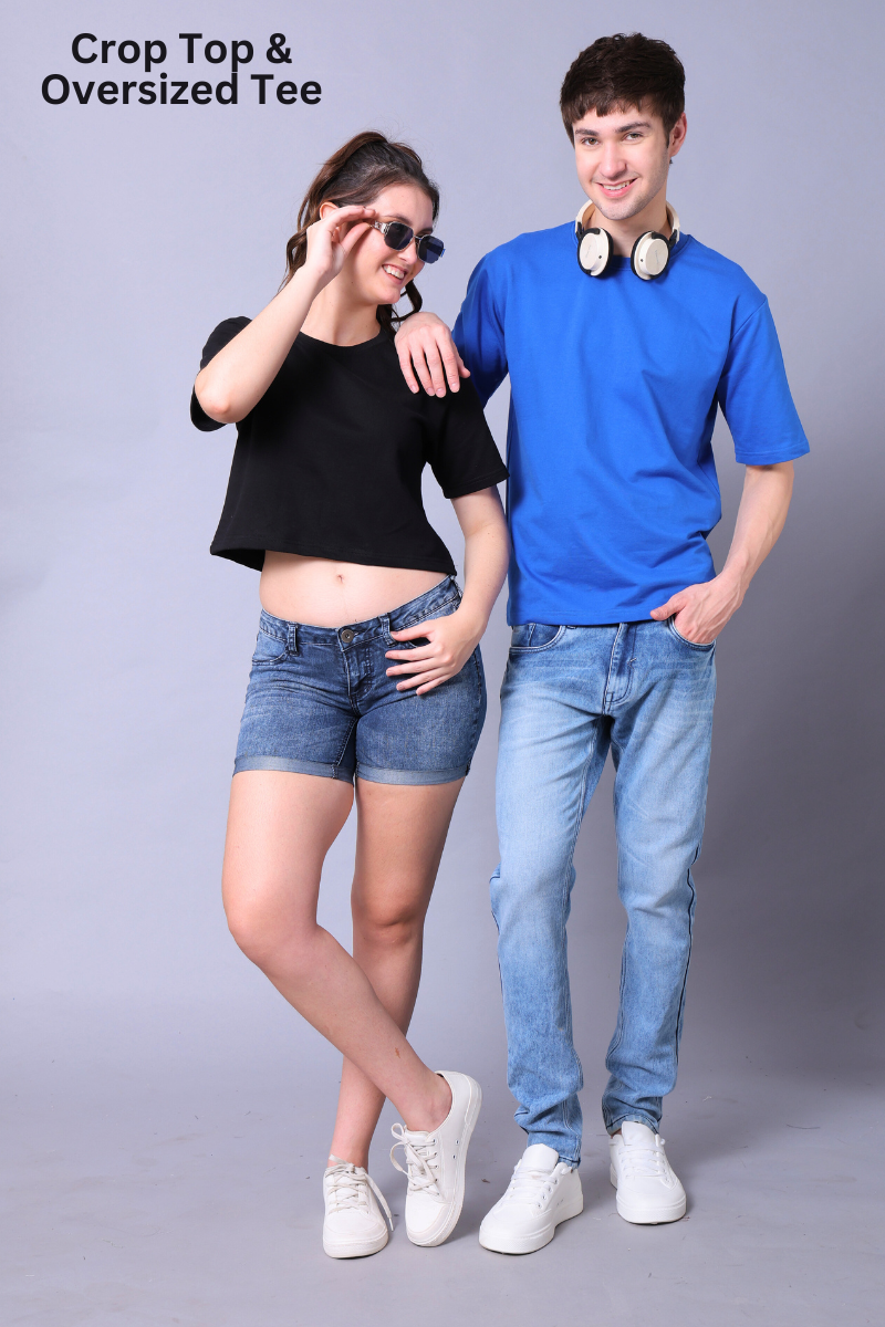 Black Crop Top & Royal Blue Drop Shoulder Tee - Pack of 2