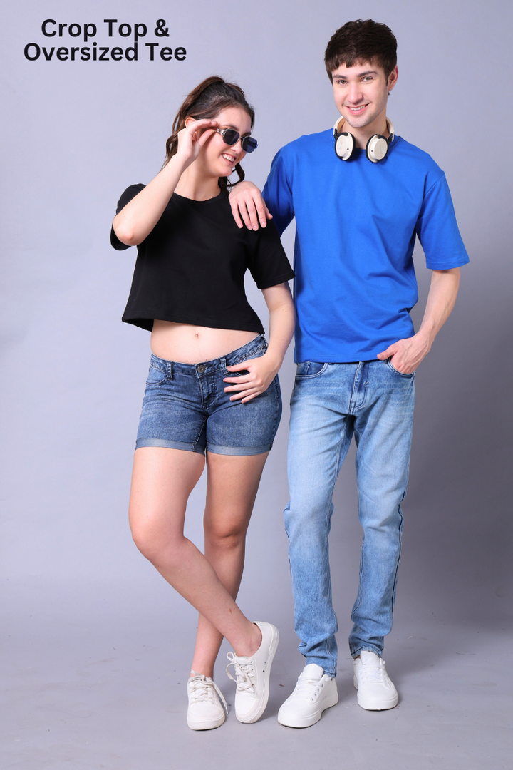 Black Crop Top & Royal Blue Drop Shoulder Tee - Pack of 2