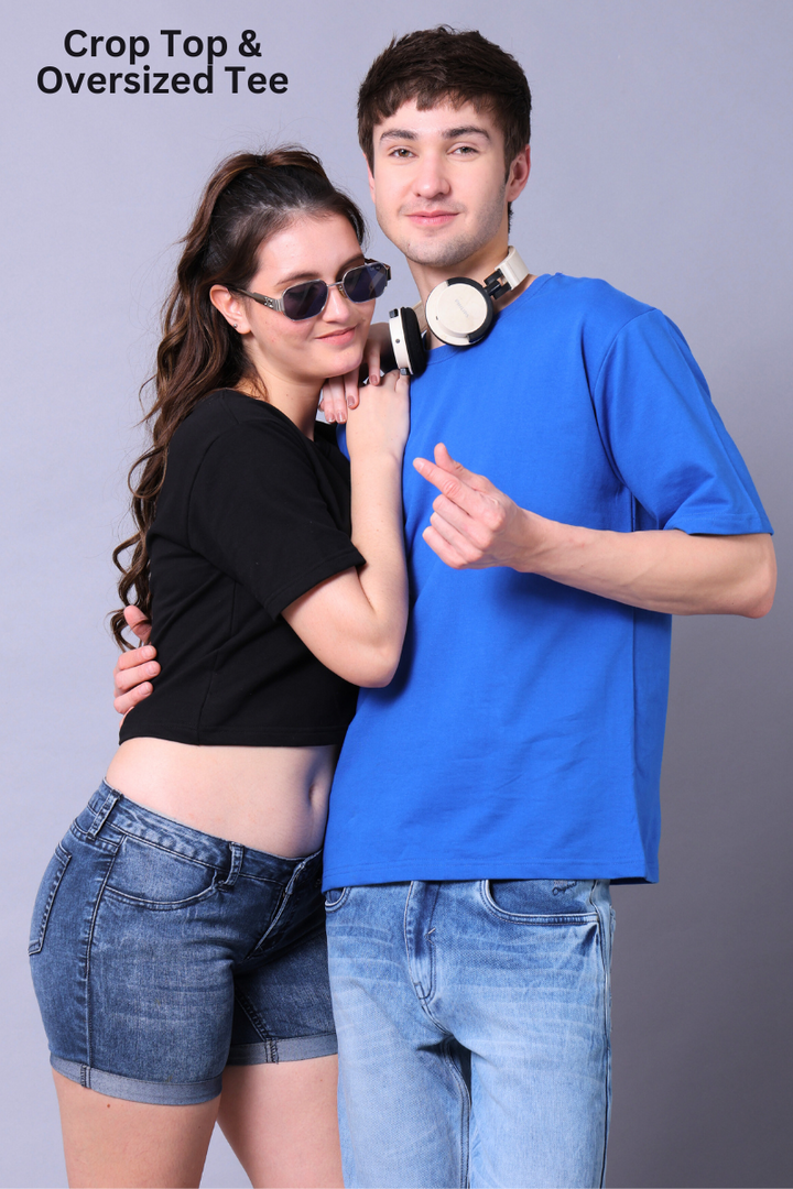 Black Crop Top & Royal Blue Drop Shoulder Tee - Pack of 2