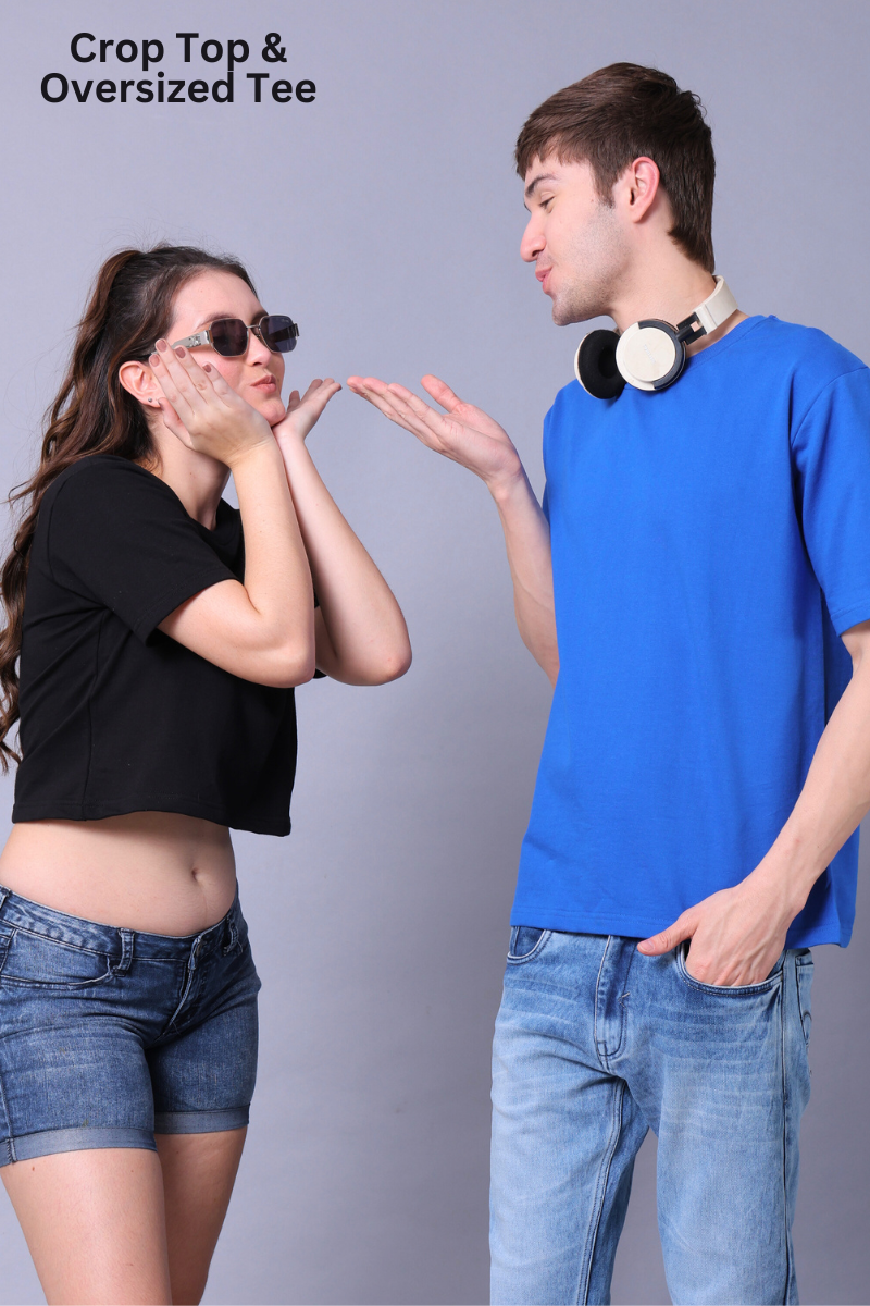 Black Crop Top & Royal Blue Drop Shoulder Tee - Pack of 2