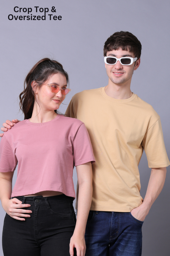 Fuchsia Pink Crop Top & Beige Drop Shoulder Tee - Pack of 2