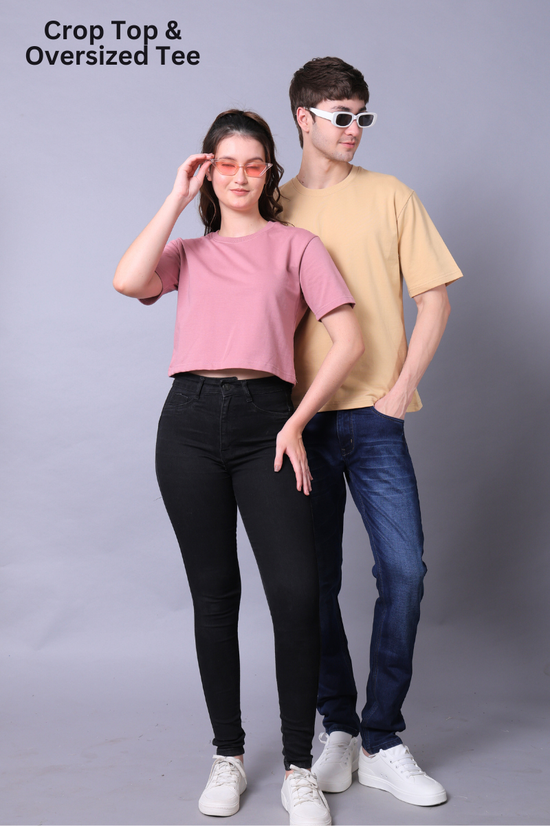 Fuchsia Pink Crop Top & Beige Drop Shoulder Tee - Pack of 2