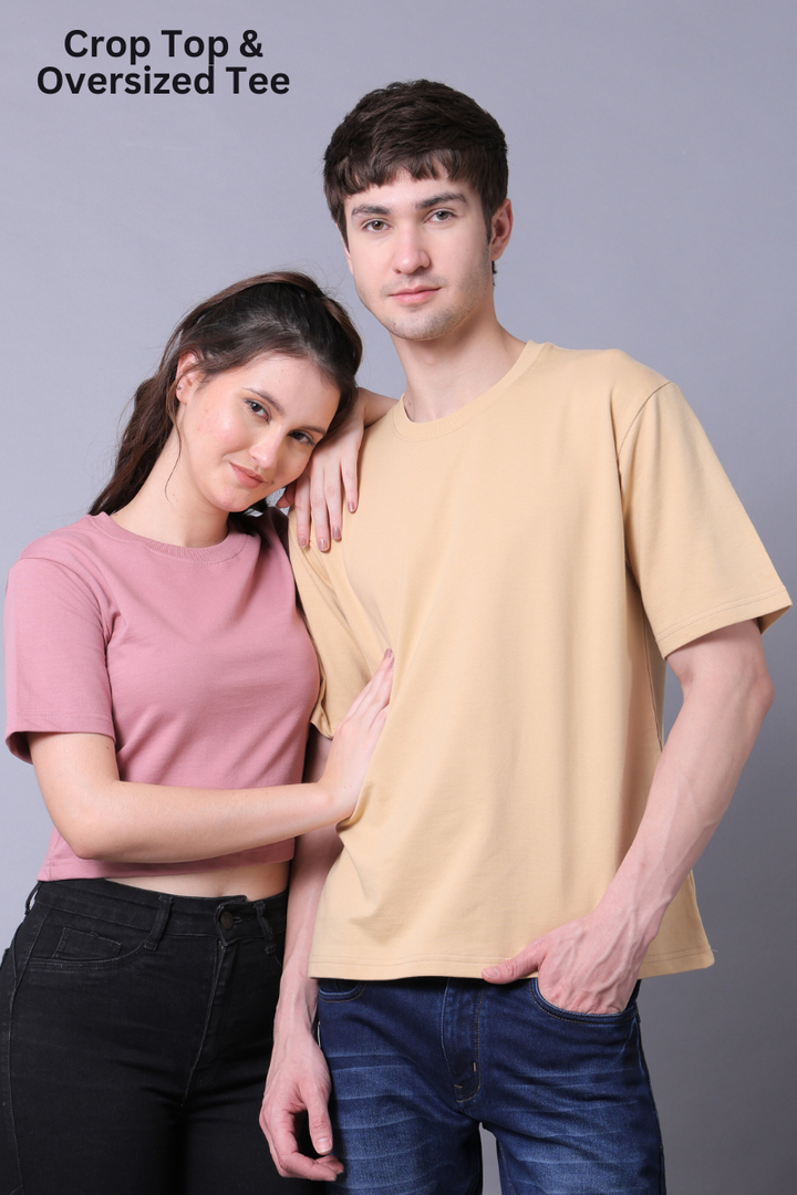 Fuchsia Pink Crop Top & Beige Drop Shoulder Tee - Pack of 2
