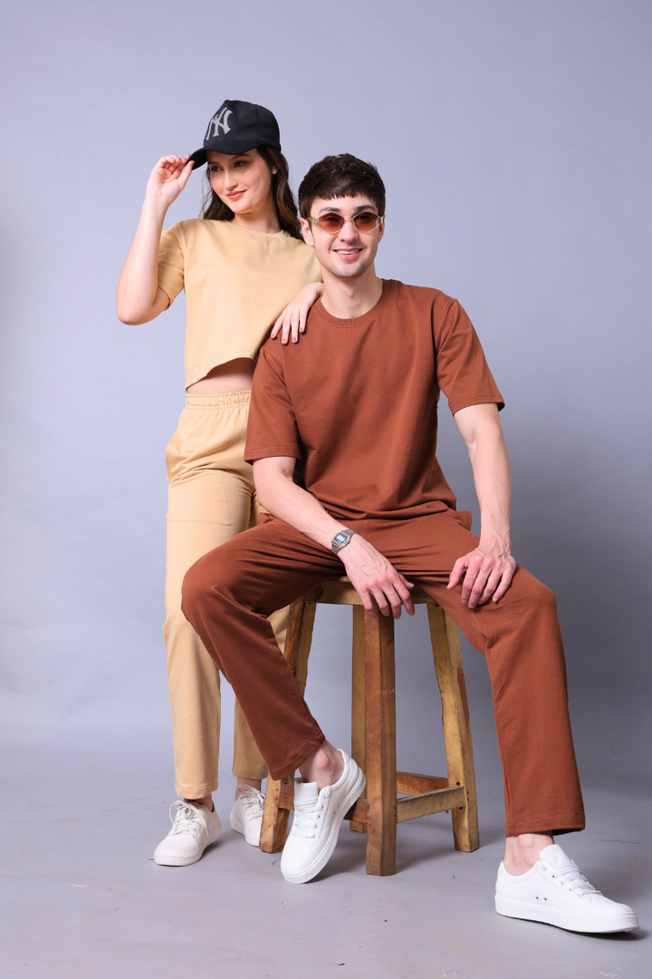 Beige & Brown Couple Co-Ord Set – Crop Top & Oversized Tee with Joggers (Pack of 2)