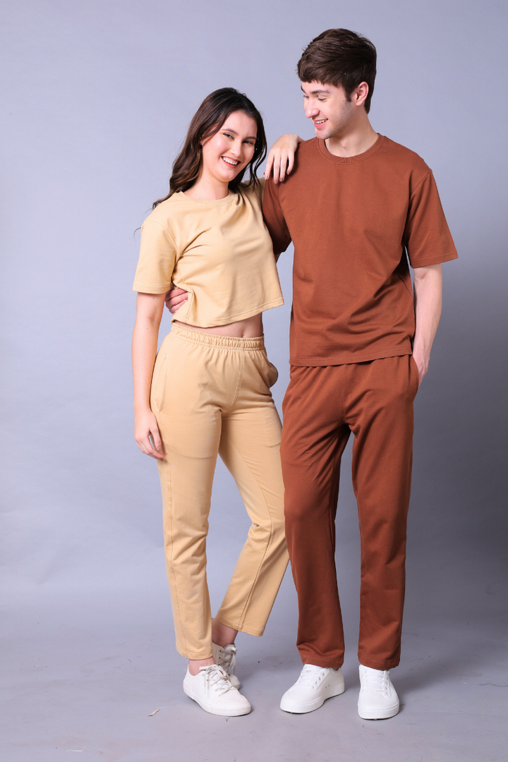 Beige & Brown Couple Co-Ord Set – Crop Top & Oversized Tee with Joggers (Pack of 2)