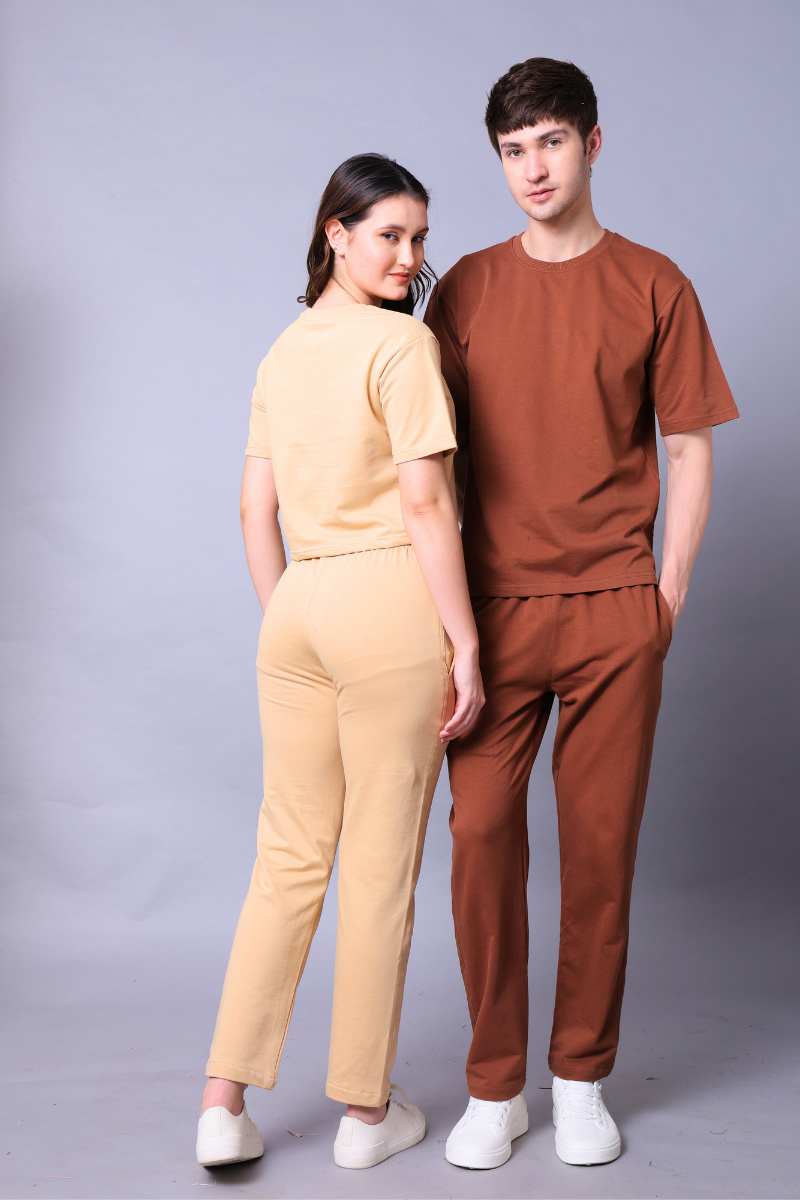 Beige & Brown Couple Co-Ord Set – Crop Top & Oversized Tee with Joggers (Pack of 2)