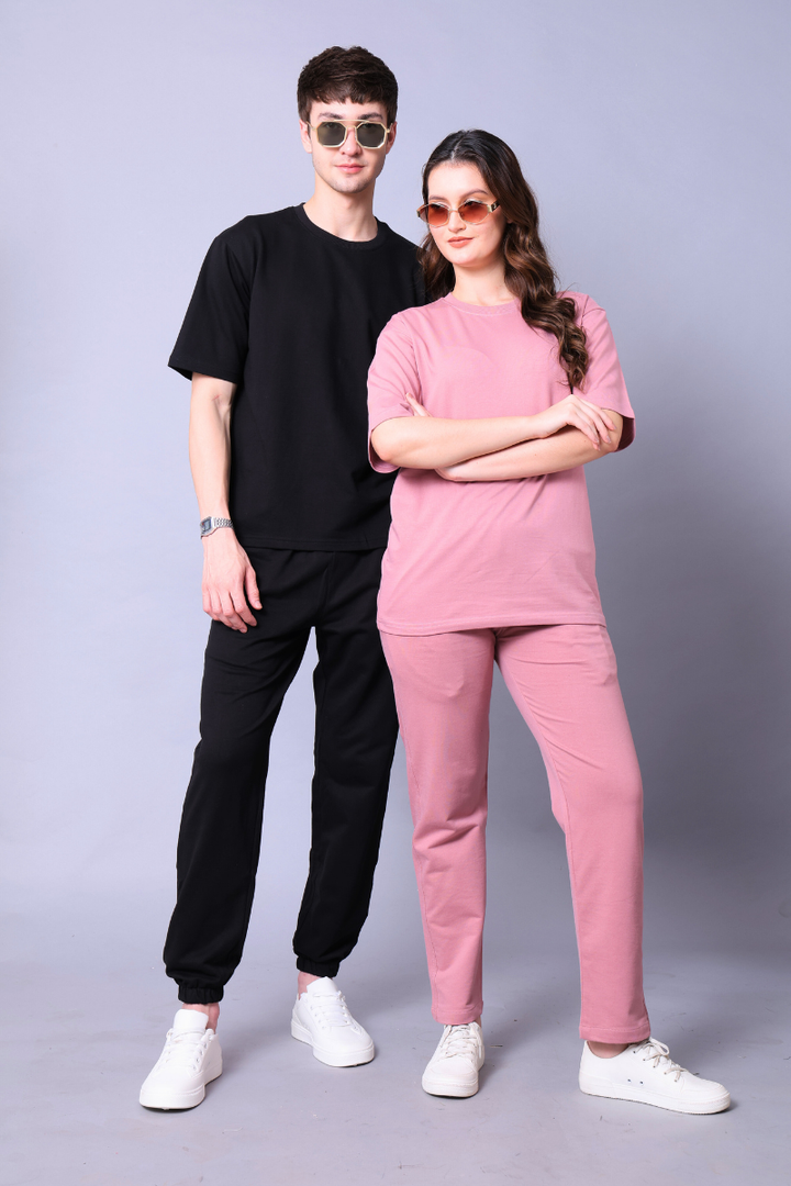 Fuchsia Pink & Black Couple Co-Ord Set With Joggers (Pack of 2)