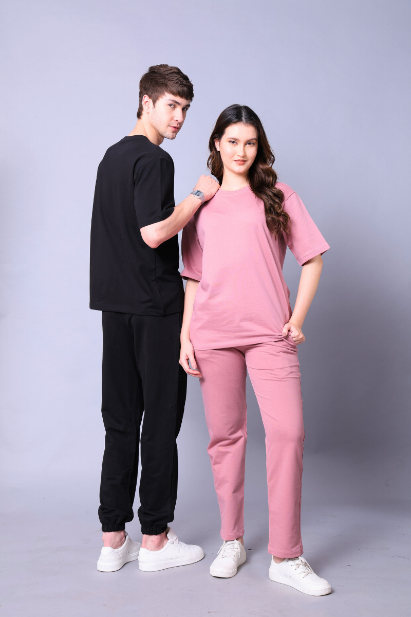 Fuchsia Pink & Black Couple Co-Ord Set With Joggers (Pack of 2)