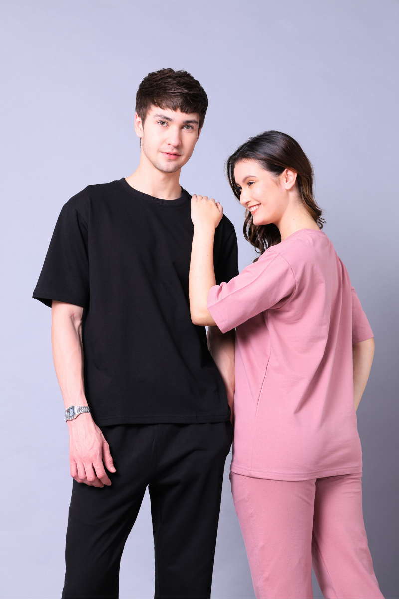 Fuchsia Pink & Black Couple Co-Ord Set With Joggers (Pack of 2)