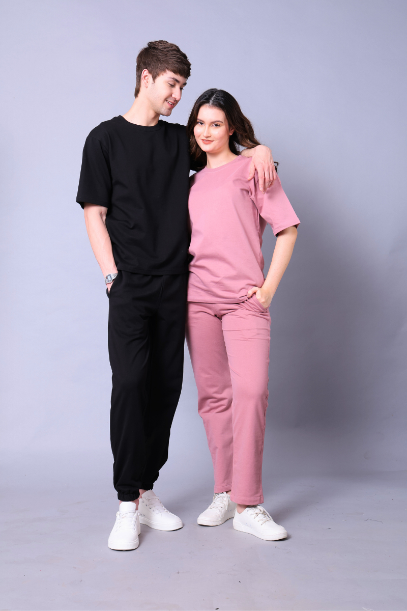 Fuchsia Pink & Black Couple Co-Ord Set With Joggers (Pack of 2)