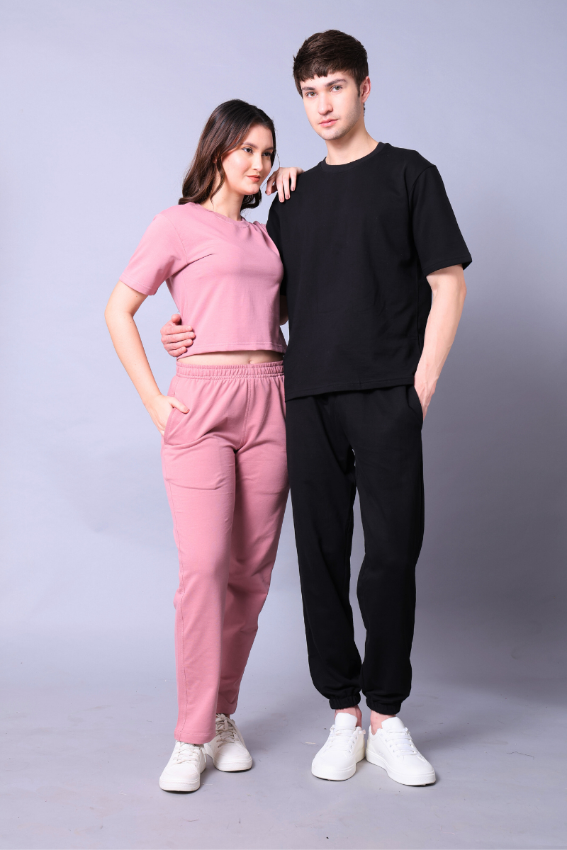Fuchsia Pink & Black Couple Co-Ord Set – Crop Top & Oversized Tee with Joggers (Pack of 2)