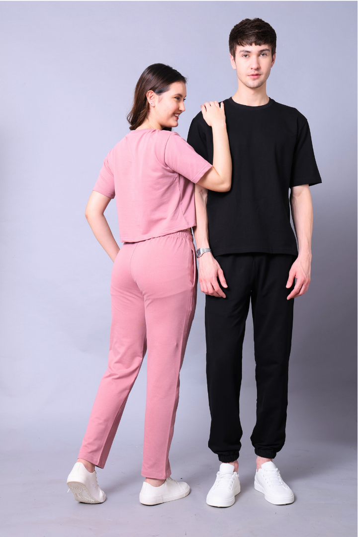 Fuchsia Pink & Black Couple Co-Ord Set – Crop Top & Oversized Tee with Joggers (Pack of 2)