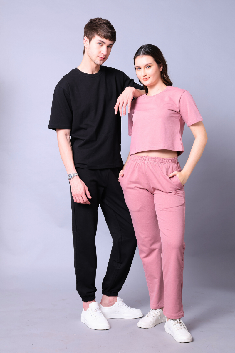 Fuchsia Pink & Black Couple Co-Ord Set – Crop Top & Oversized Tee with Joggers (Pack of 2)
