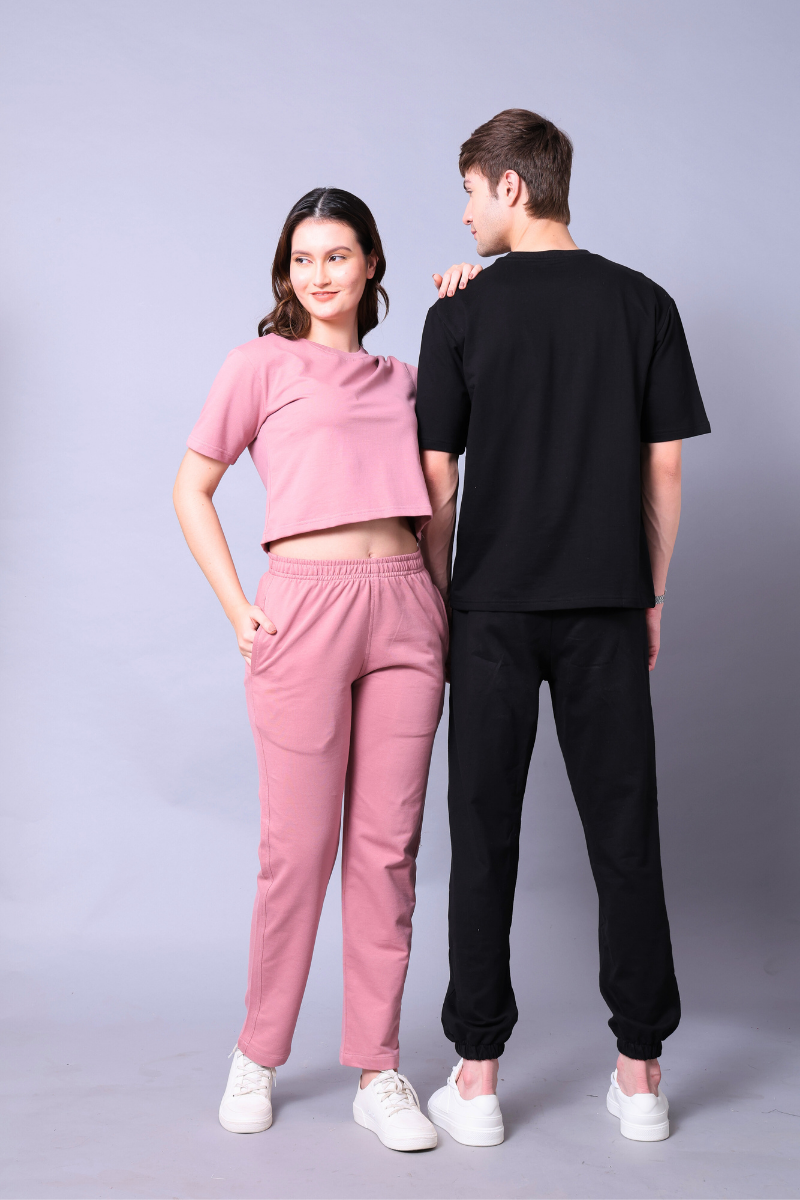 Fuchsia Pink & Black Couple Co-Ord Set – Crop Top & Oversized Tee with Joggers (Pack of 2)