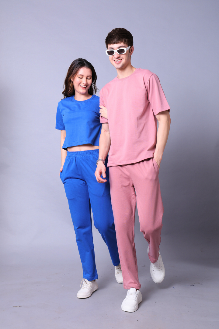 Royal Blue & Fuchsia Pink Couple Co-Ord Set – Crop Top & Oversized Tee with Joggers (Pack of 2)
